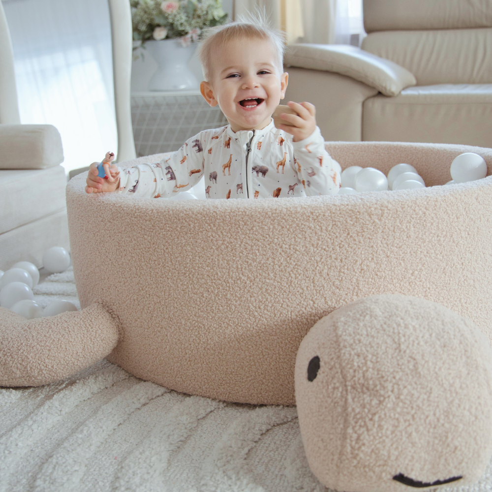 MeowBaby Ball Pit for Kids – Turtle | Boucle Ball Pit Balls to Choose | Oat Biscuit Beige |