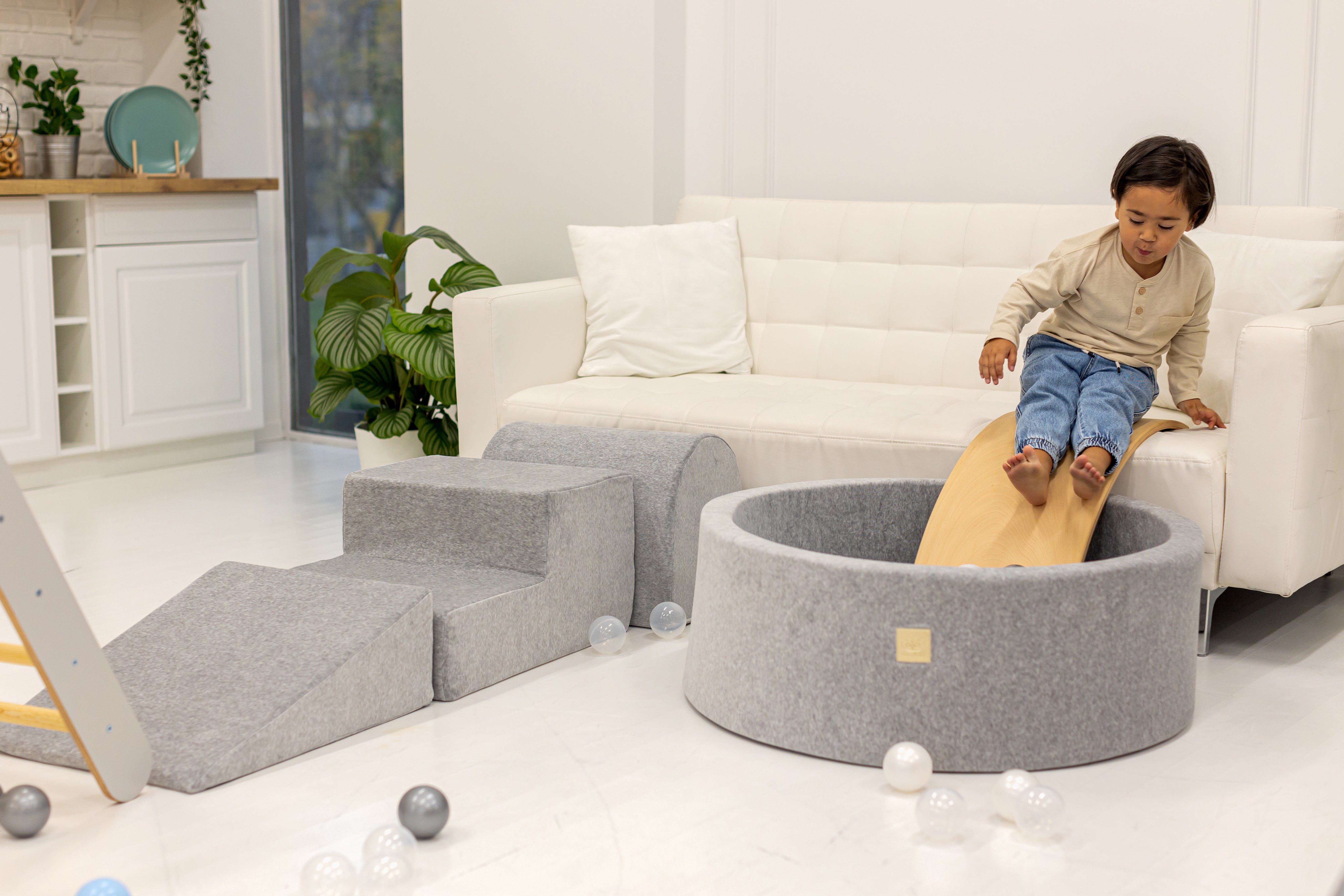 MeowBaby Velvet Kids Foam Climbing Blocks Light Grey - Baby Soft Play Set | Balls to Choose