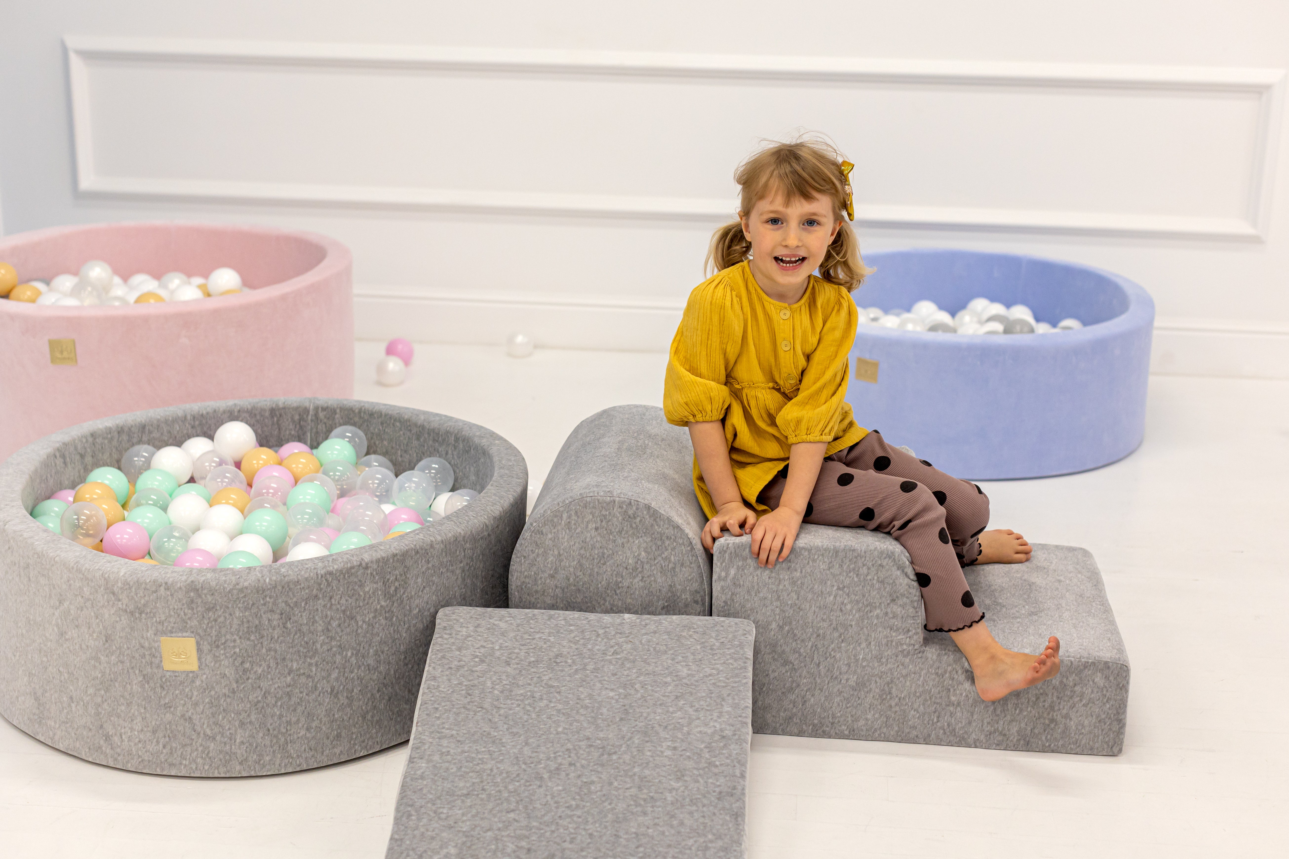 MeowBaby Velvet Kids Foam Climbing Blocks Light Grey - Baby Soft Play Set | Balls to Choose