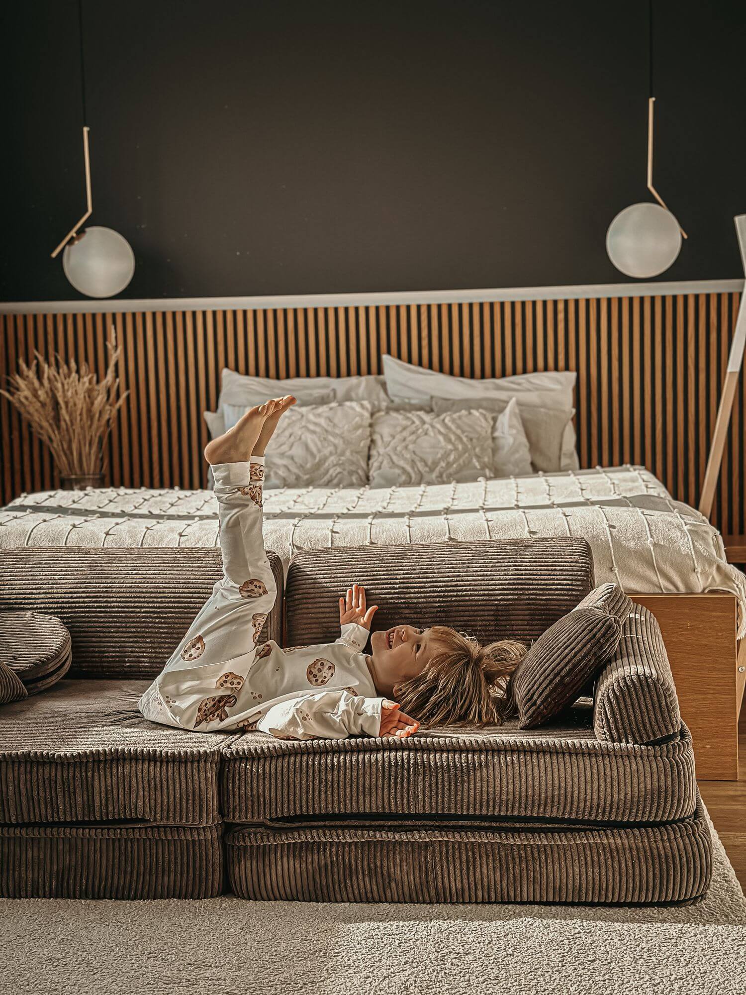 MeowBaby Aesthetic Kids Play Sofa | Brown Corduroy Play Sofa for Kids | Modular Play Sofa Couch Brown
