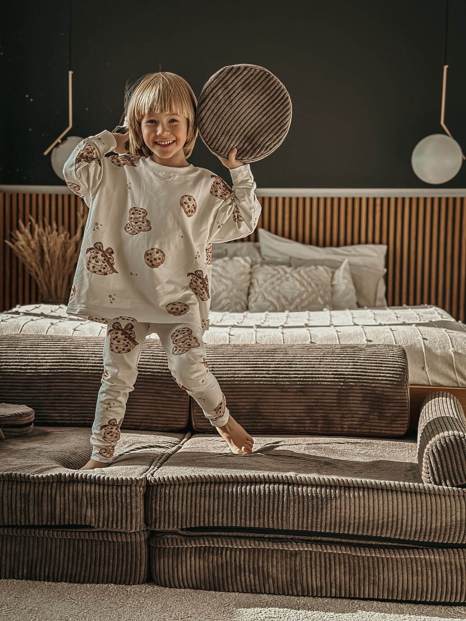 MeowBaby Aesthetic Kids Play Sofa | Brown Corduroy Play Sofa for Kids | Modular Play Sofa Couch Brown