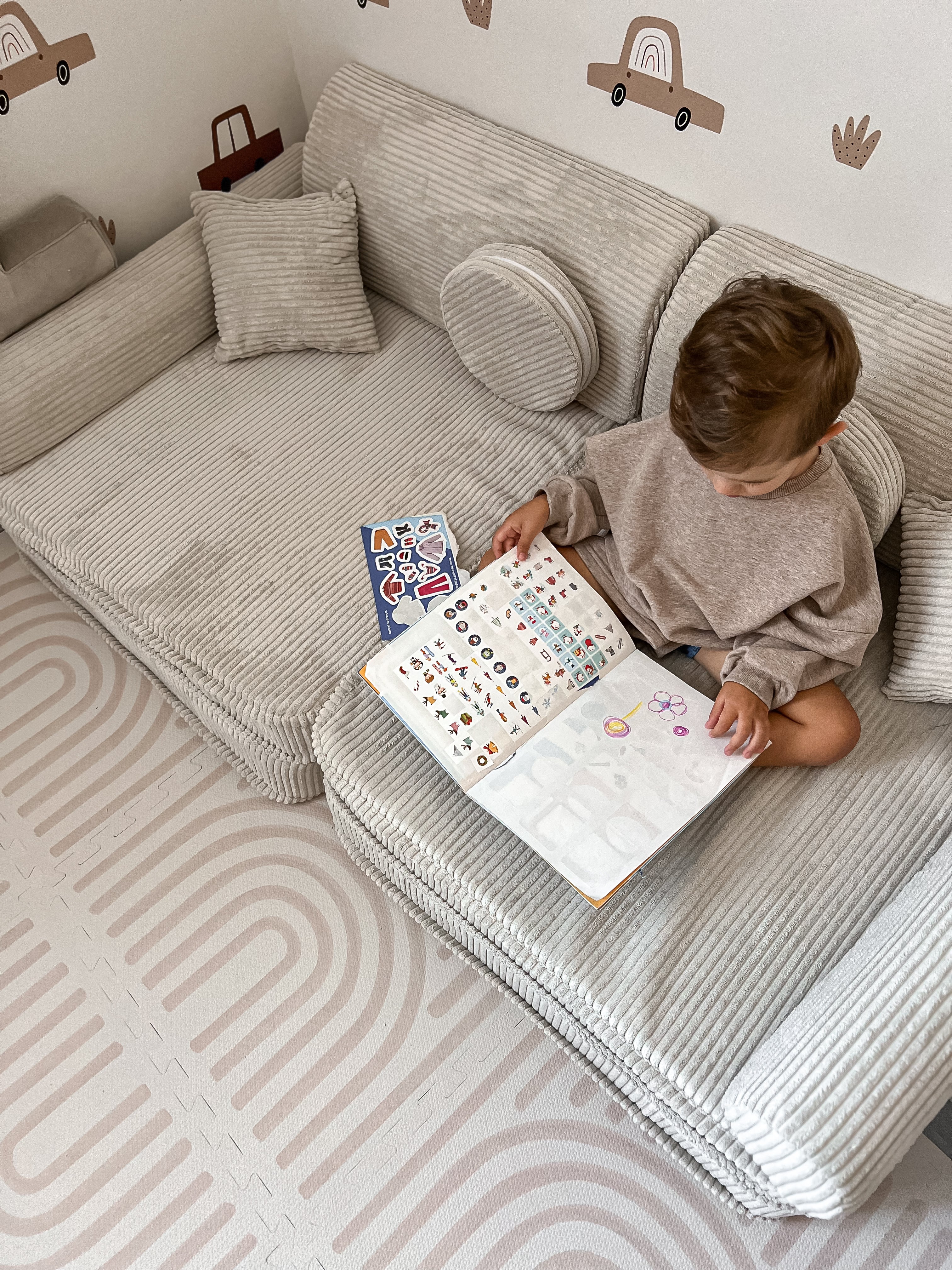 MeowBaby Aesthetic Kids Play Sofa | Ecru Corduroy Play Sofa for Kids | Modular Play Sofa Couch Ecru