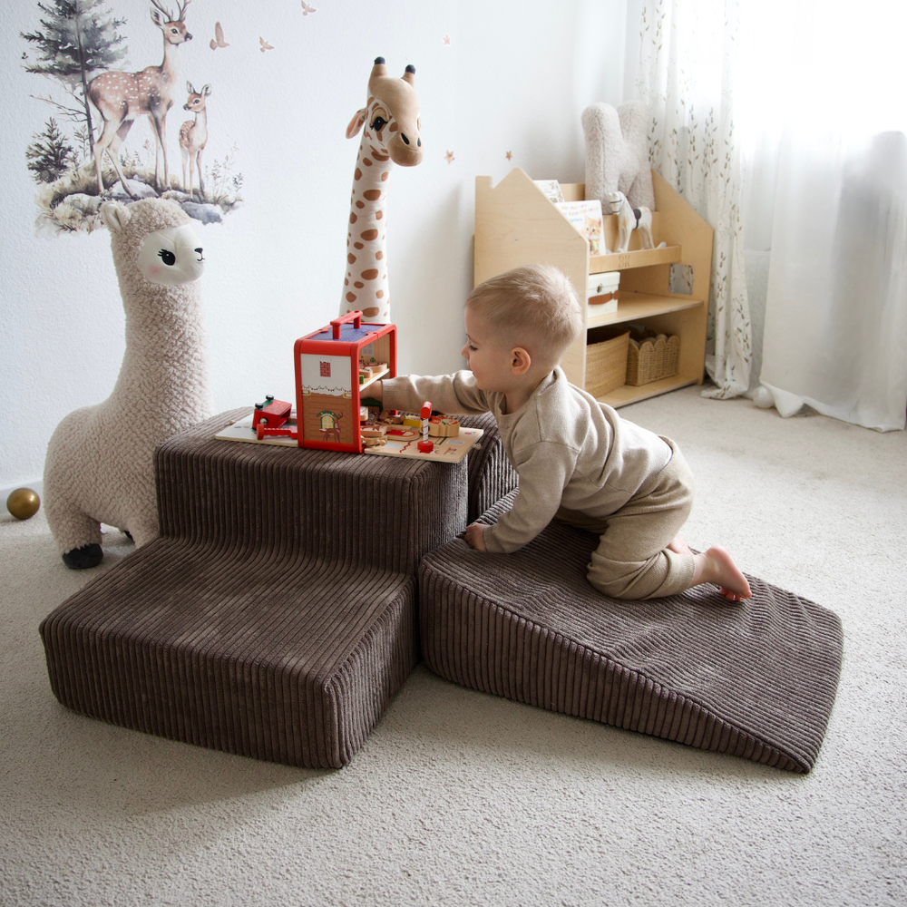 Meowbaby Aesthetic Brown Corduroy Kids Foam Climbing Blocks - Baby Soft Play Set 